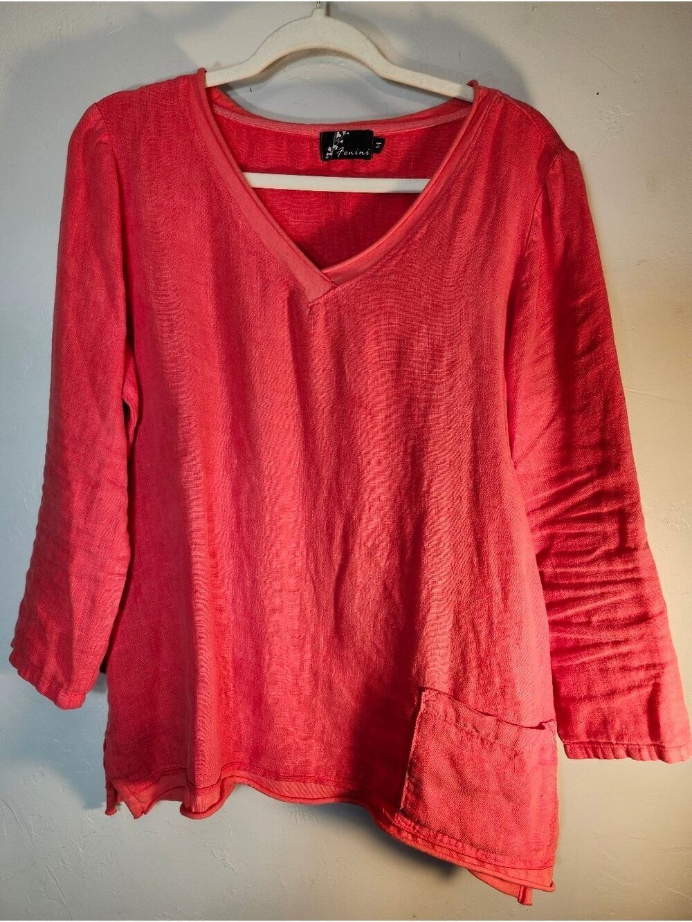 Fenini Relaxed Orange Linen V-Neck Long Sleeve Top with Pocket